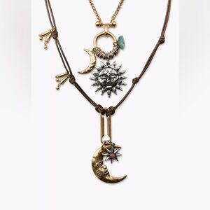 Zara Moon & Sun Multi-Layered Gold & Silver Necklace Stone & Gold Tone Charm NWT